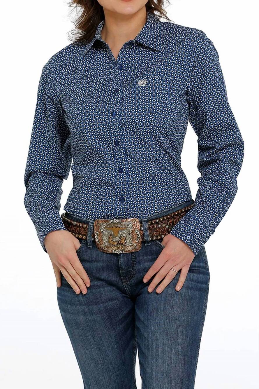 NEW CINCH diamond print long sleeve shirt in blue